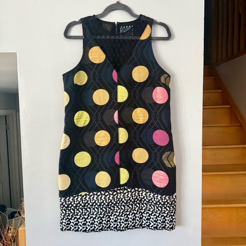 Maeve for Anthropologie Tilde Dress | 60s Mod Metallic Polka Dot Jacquard